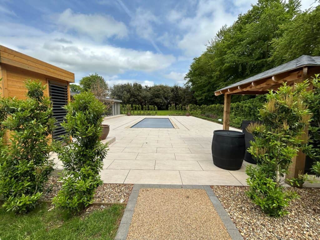 Porcelain patio and paving installation in Mayo garden.